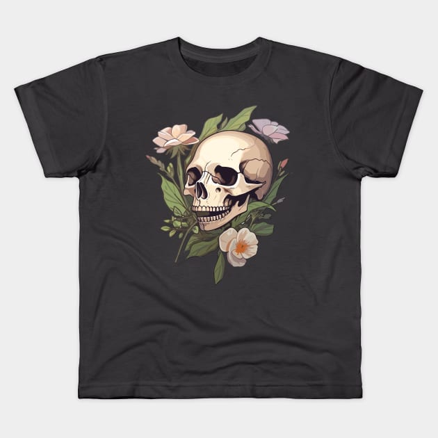 Skeleton Skull and Flowers Kids T-Shirt by DesginsDone